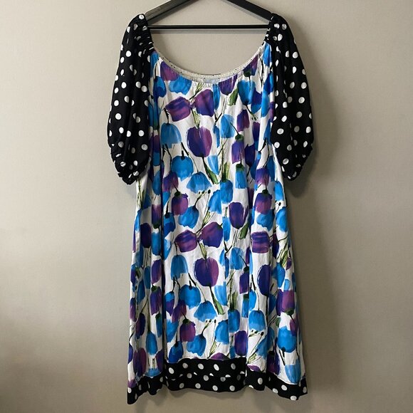 Handmade Plus Size Cotton Blue Floral Black White Polka Dot Dress - Picture 2 of 14
